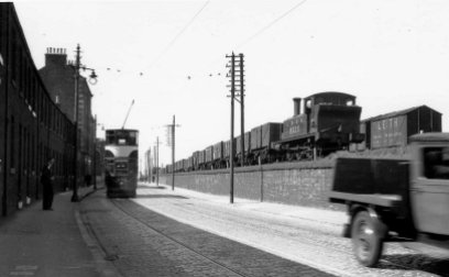 Tram and LNER train at Lower Granton Road pre 1948